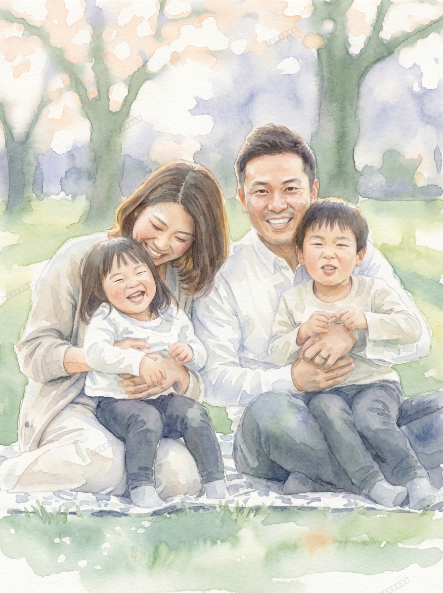 公園の家族の肖像 - 水彩画