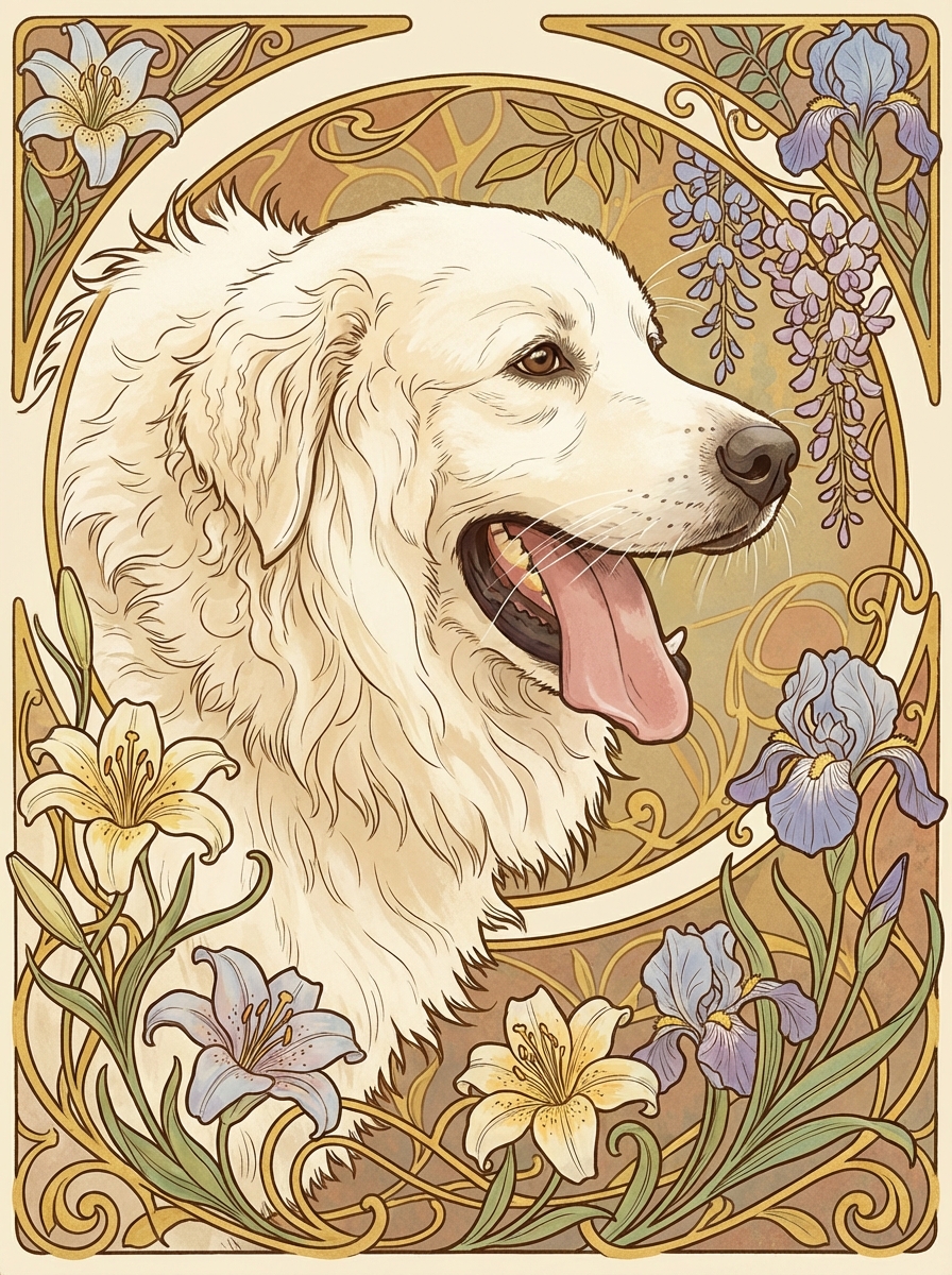 大型犬の肖像 - 花飾りポスター