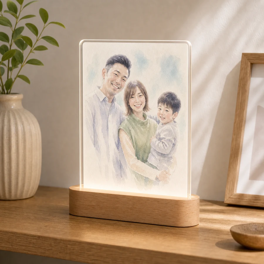 LEDアクリルスタンドの実物イメージ（水彩画）